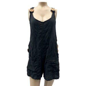V-Neck‎ Front Pockets Sleeveless Romper Wooden Buttons Crinkled Texture Black M